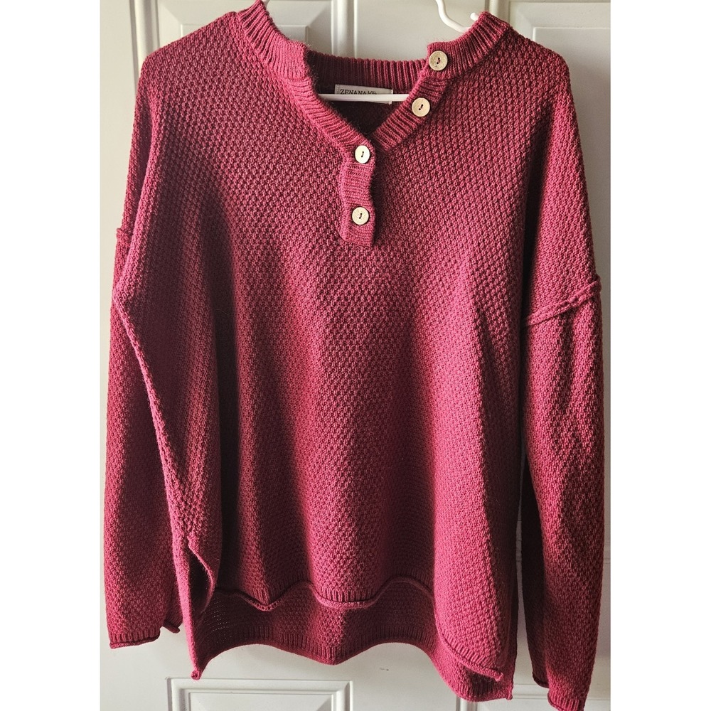 Zenana Women's L/XL Burgundy Chunky Knit Sweater Button Neck Oversized Tunic...